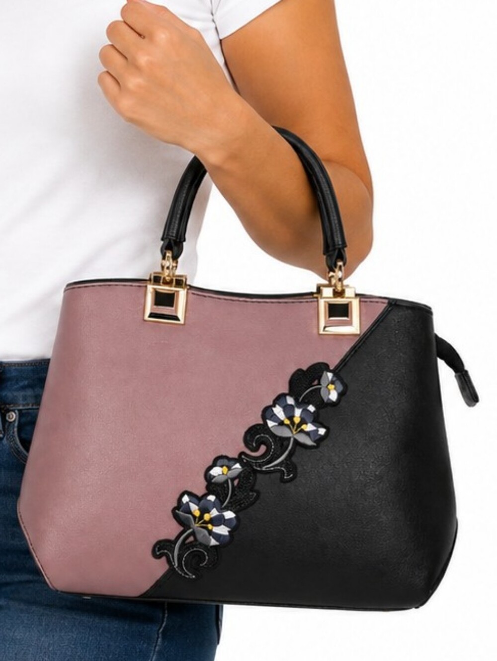 👜 Women's Floral Colorblock Satchel Handbag Black Pink Gold Tone Purse VGUC